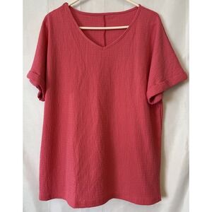 Women's Lightweight Crepey Textured Pink Short Sleeve Vneck Blouse Roll Sleeve L